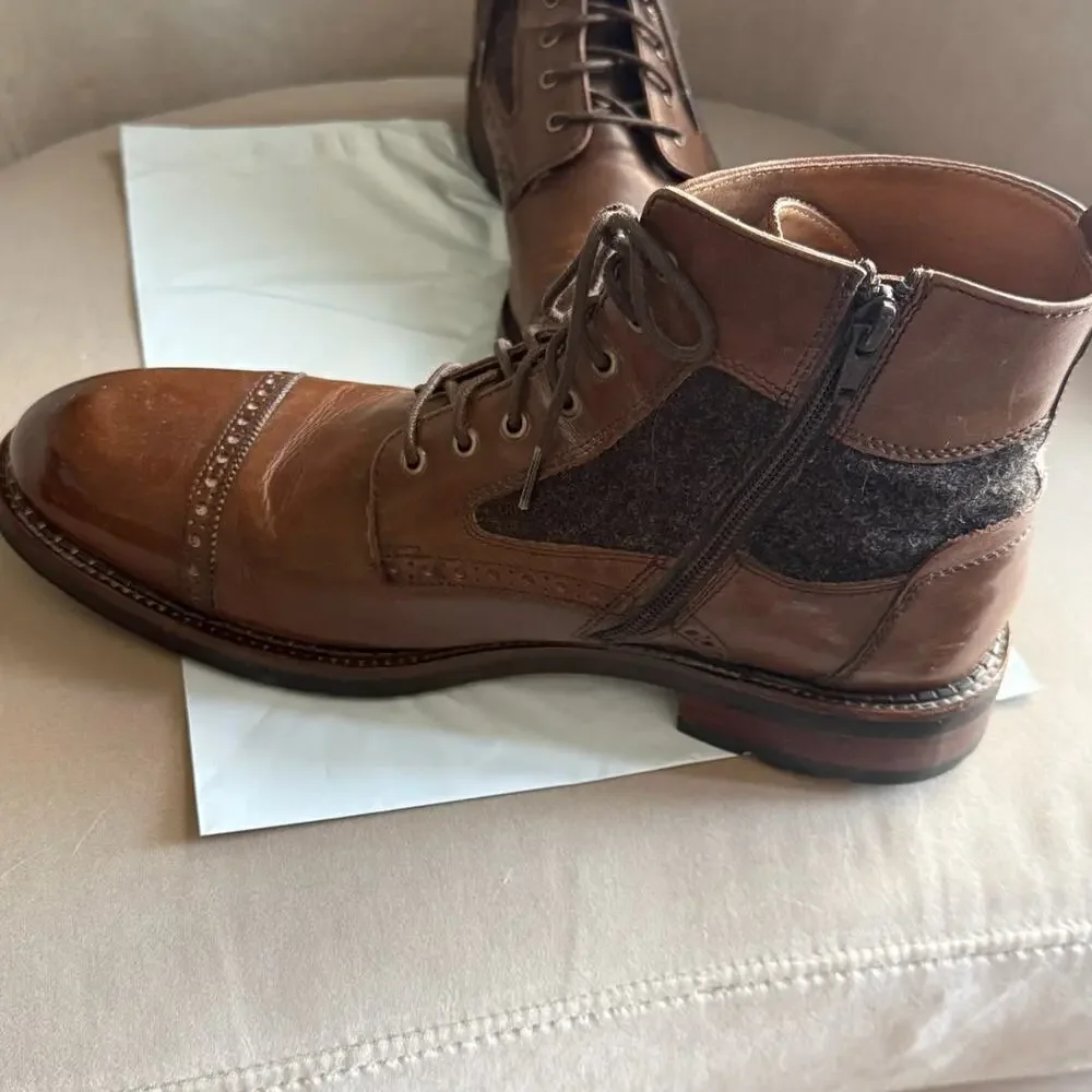Johnston & Murphy Men's 9.5M Brown Leather Cap Toe Brogue Boots Wool Panel Side